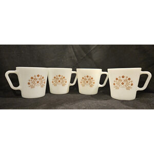 Pyrex Milk Glass Coffee Mugs - Summer Impressions Ginger Brown Flower - Set of 4